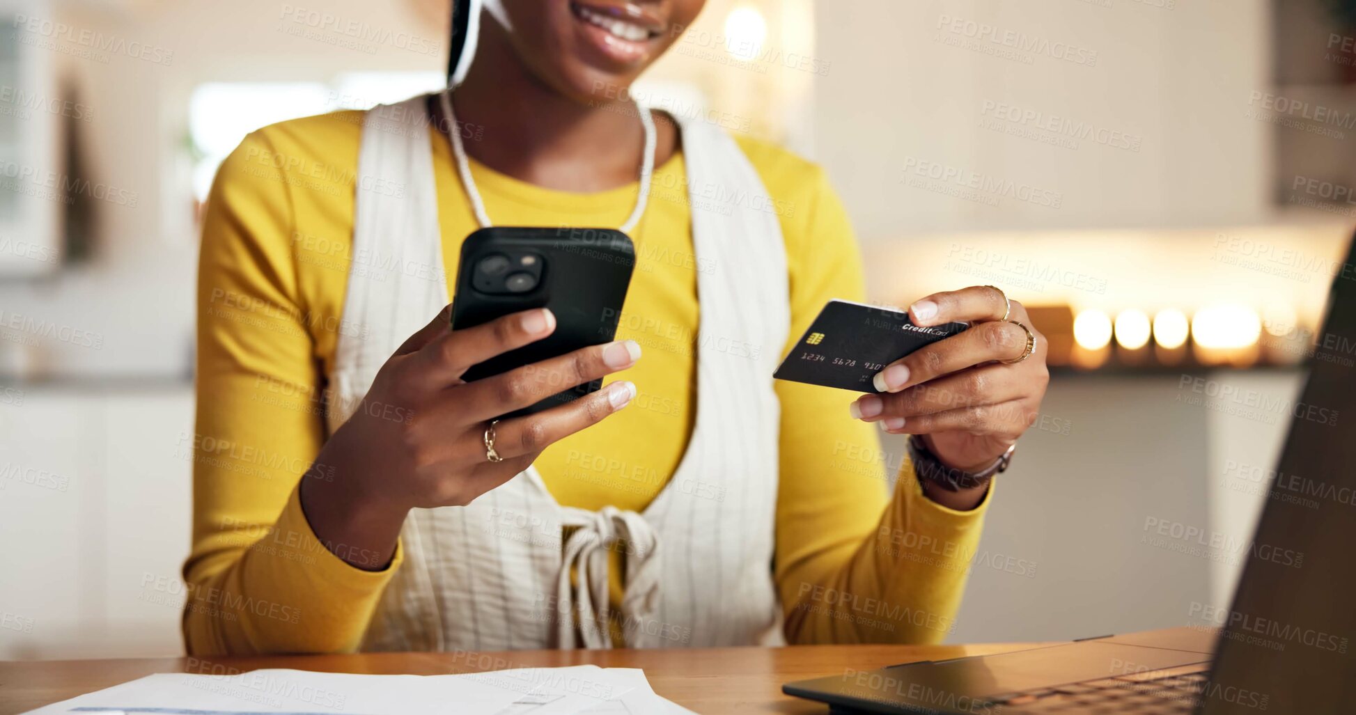 Buy stock photo Hands, phone and woman with credit card for budget, bill payment or investment transaction in home. Mobile, debit or happy person with money for internet banking, online shopping or financial savings