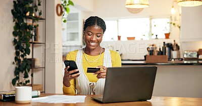 Buy stock photo Smile, credit card and black woman with phone for budget, bill payment and investment. Mobile, debit and happy person with money for internet banking, online shopping or financial savings in home