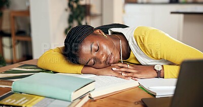 Buy stock photo Sleeping, student and books with black woman in home for burnout, mental health and college deadline. Studying fatigue, overworked and education with person in apartment for resting, workload or nap