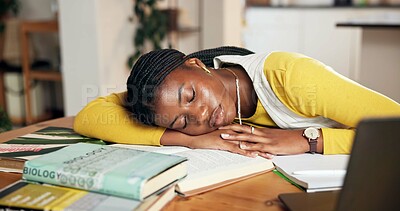 Buy stock photo Sleeping, student and books with black woman in home for burnout, mental health and college deadline. Studying fatigue, overworked and education with person in apartment for resting, workload or nap