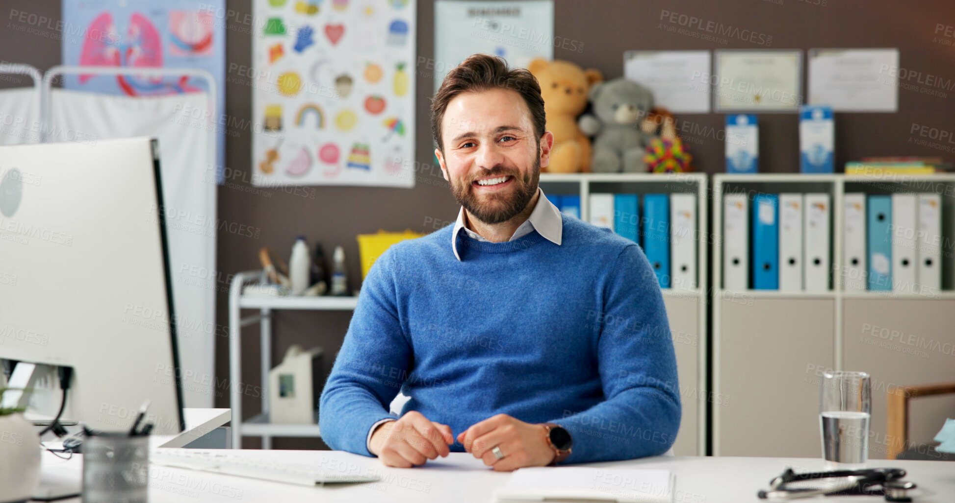 Buy stock photo Doctor, office and portrait of man in hospital for medical service, pediatrician career and pride. Healthcare, professional and male person with smile for wellness, about us and family clinic