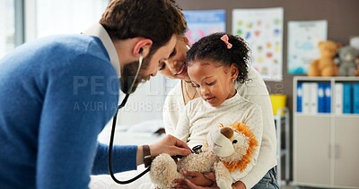 Buy stock photo Teddy bear, stethoscope and doctor with girl in hospital for asthma checkup, consulting and medical advice. Breathing assessment, healthcare exam and pediatrician with mother and child for toy game