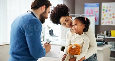 Buy stock photo Doctor, clipboard and girl with mother in hospital for wellness checkup, consulting and medical advice. Patient assessment, healthcare exam and pediatrician with woman and child for treatment notes