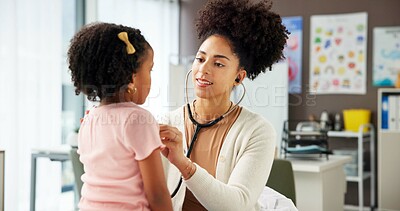 Buy stock photo Appointment, healthcare or stethoscope with doctor and girl child in hospital for consulting or exam. Checkup, heartbeat or medical with patient and pediatrician in clinic for pulse assessment