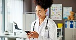 Woman, doctor and reading with phone in office for research, contact patient and medical results. Pediatrician, mobile app and communication for telehealth, schedule appointment and healthcare report