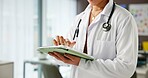 Medical, hands or person in hospital with tablet, research or online review of patient diagnosis. Healthcare, digital or doctor in clinic with tech, telehealth or evaluation report for treatment plan