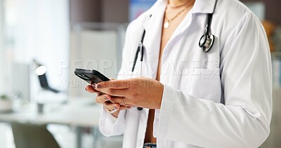 Buy stock photo Hands, person and doctor with phone in office for research, contact patient and medical results. Pediatrician, mobile app and communication for telehealth, schedule appointment and healthcare report