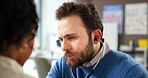 Appointment, healthcare or stethoscope with doctor and patient in hospital for consulting or exam. Heartbeat, medical checkup and pulse with man listening in clinic for assessment, insurance or trust