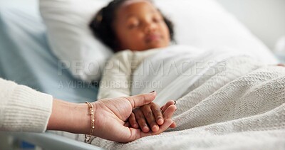 Buy stock photo Healthcare, holding hands and parent or child in hospital bed for icu recovery, immune system rehabilitation and family. Medical, pediatrician treatment and support with people in clinic for love