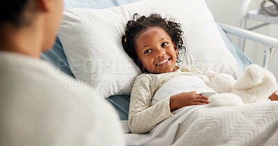 Buy stock photo Medical, happy and parent or child in hospital bed for icu recovery, immune system rehabilitation and family. Healthcare, pediatrician treatment and support with people in clinic for love and visit