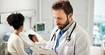 Doctor, man or writing in hospital with folder for pediatric patient history, medical record or info. Pediatrician, person or taking notes with clipboard for health insurance plan, checklist or admin