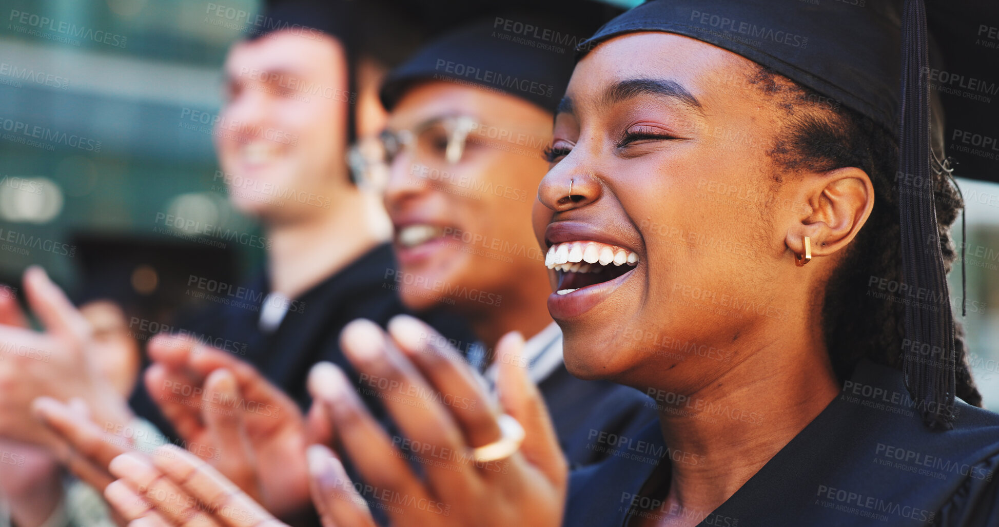 Buy stock photo Applause, graduation and students with woman in college for celebration, diploma success and ceremony. Achievement, university degree and academy pride with people on campus for scholarship event
