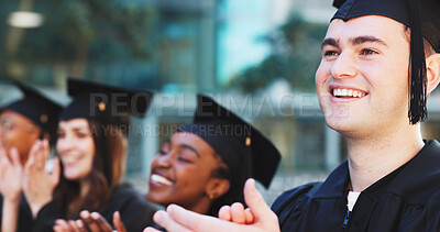 Buy stock photo Applause, graduation and students with man in college for celebration, diploma success and ceremony. Achievement, university degree and academy pride with people on campus for scholarship event
