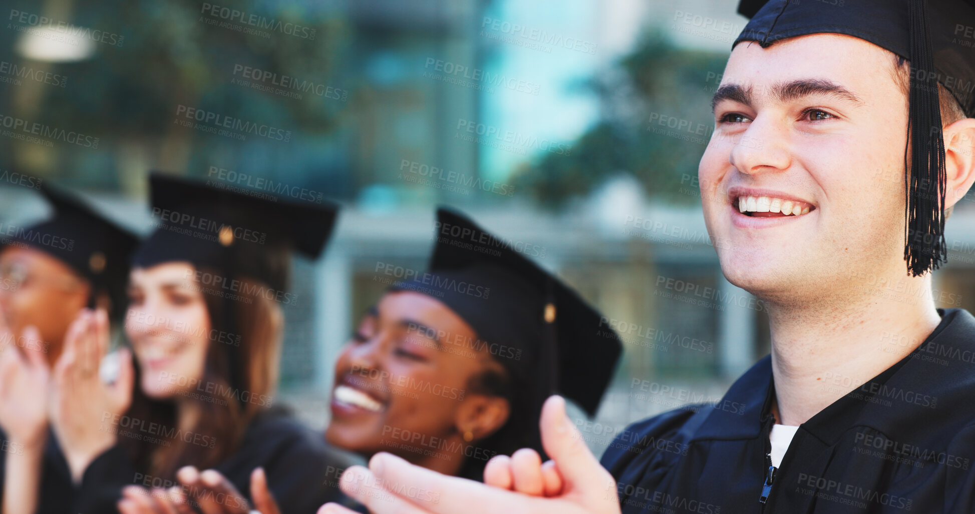 Buy stock photo Applause, graduation and students with man in college for celebration, diploma success and ceremony. Achievement, university degree and academy pride with people on campus for scholarship event