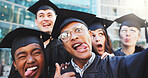 Selfie, goofy and friends at graduation for achievement, education and accomplishment at university. Silly, happy and portrait of college students with photography picture for memory at ceremony.