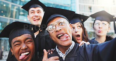 Buy stock photo Selfie, goofy and friends at graduation for achievement, education and accomplishment at university. Silly, happy and portrait of college students with photography picture for memory at ceremony.