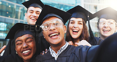 Buy stock photo Selfie, portrait and group of friends at graduation for achievement, education and university. Smile, support and college students with photography picture for memory together at ceremony on campus.