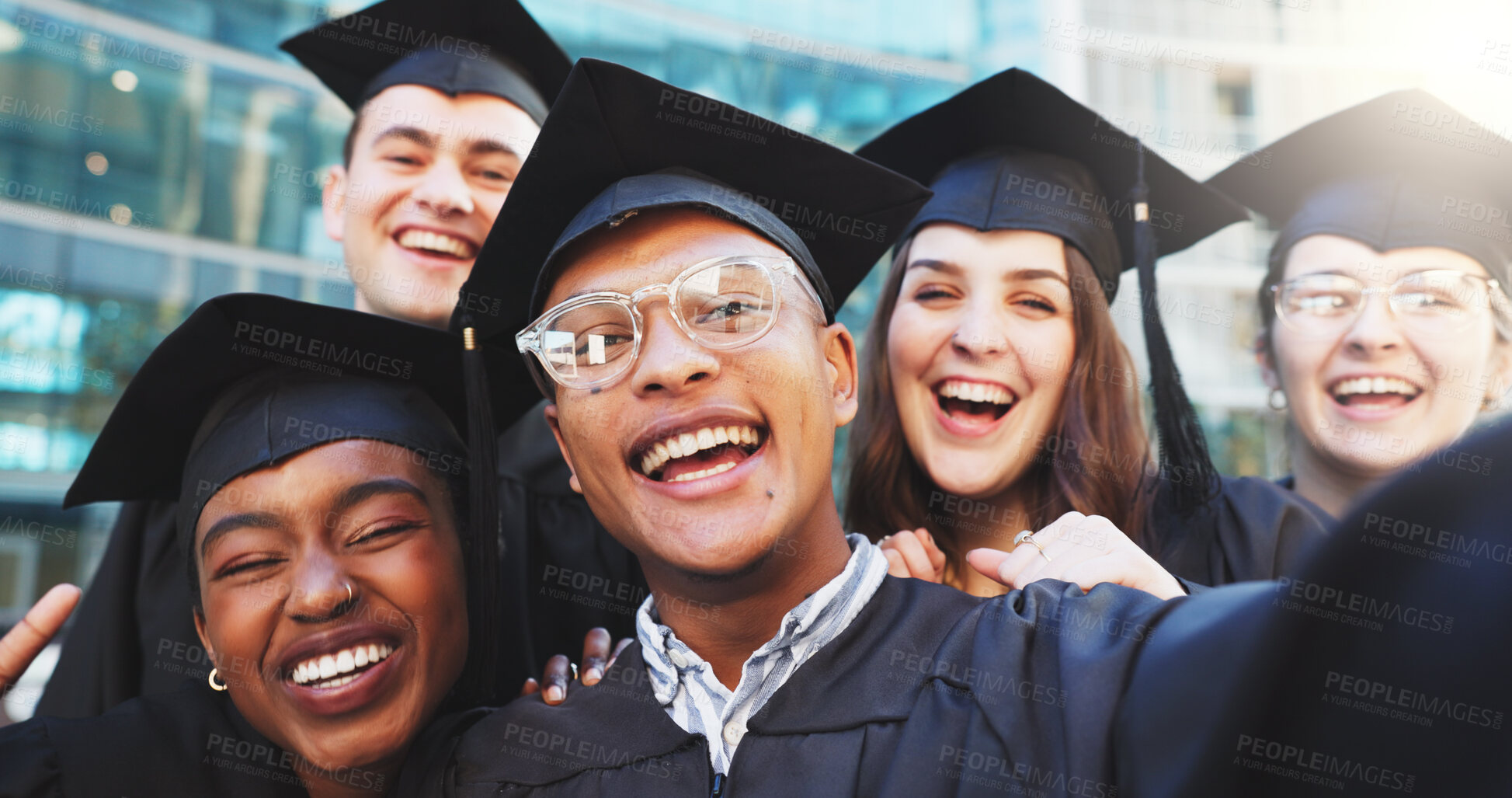 Buy stock photo Selfie, portrait and group of friends at graduation for achievement, education and university. Smile, support and college students with photography picture for memory together at ceremony on campus.