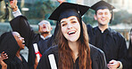 Graduation, diploma and portrait of woman in college for achievement, scholarship and degree success. University certificate, academy pride and scroll with students on campus for award ceremony