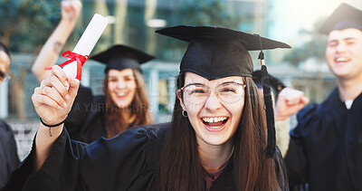 Buy stock photo Graduation, success and portrait of woman in college for achievement, scholarship and degree diploma. University certificate, academy pride and scroll with students on campus for award ceremony