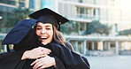 Excited woman, hug and celebrate graduation with success, education achievement or congratulations. Graduate, happy students and embrace for milestone, college goal or future with friends outdoor