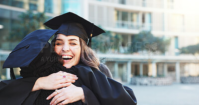 Buy stock photo Excited woman, hug and celebrate graduation with success, education achievement or congratulations. Graduate, happy students and embrace for milestone, college goal or future with friends outdoor