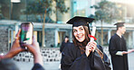 Graduation, photography and woman with smile for milestone, social media and celebration for degree. Happy, student and people with robes for ceremony, education and picture for success in university