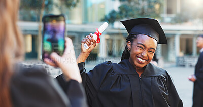 Buy stock photo Graduation, photography and woman with smile for degree, celebration and milestone for social media. Happy, student and people with robes for ceremony, education and picture for success in university