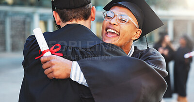 Buy stock photo Excited man, hug and celebrate graduation with diploma, education achievement or congratulations. Graduate, students and people embrace with certificate, college goal or success with friends outdoor