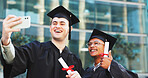 Graduation, selfie and men with certificates, university and celebration for milestone and ceremony. Happy, students and people with robes for event, education and profile picture on social media