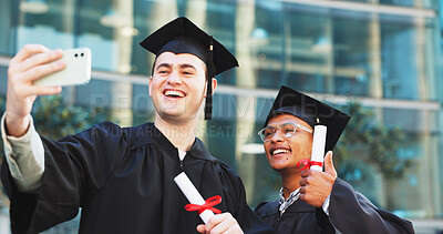 Buy stock photo Graduation, selfie and men with certificates, university and celebration for milestone and ceremony. Happy, students and people with robes for event, education and profile picture on social media