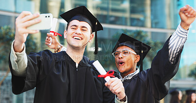 Buy stock photo Graduation, selfie and men with certificates, celebration and ceremony for milestone and university. Happy, students and people with robes for event, education and profile picture on social media
