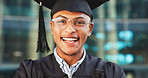 Happy man, portrait or student with hat for graduation ceremony, milestone or achievement on campus. Male person, graduate or smile with glasses for academic qualification, scholarship or university