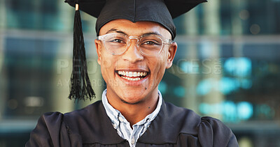 Buy stock photo Happy man, portrait or student with hat for graduation ceremony, milestone or achievement on campus. Male person, graduate or smile with glasses for academic qualification, scholarship or university