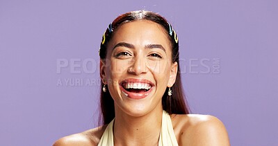 Buy stock photo Portrait, smile and woman with makeup in studio for beauty, natural shine and makeover. Mockup space, gen z and person with confident with cosmetology, facial glow and aesthetic on purple background