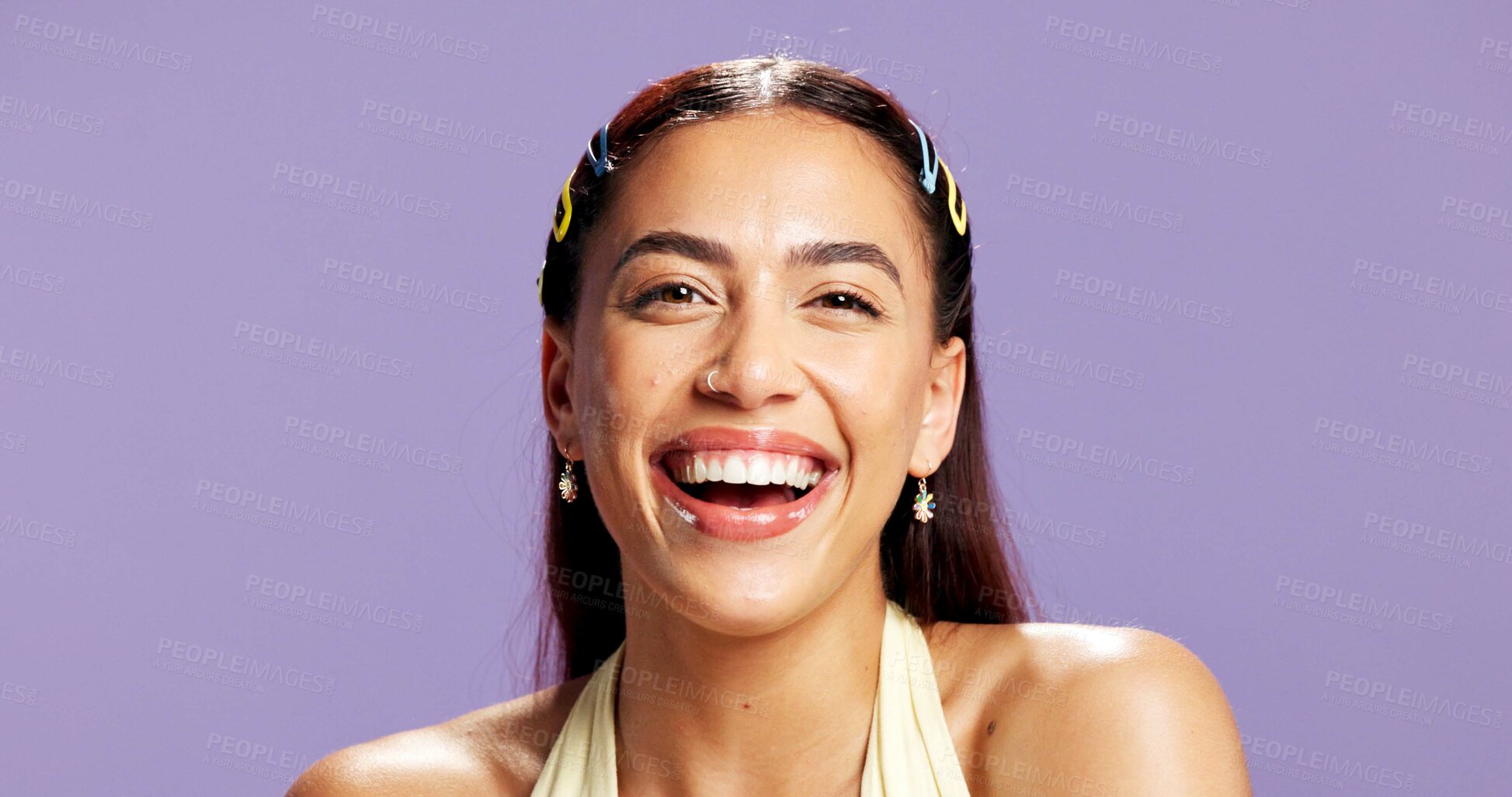 Buy stock photo Portrait, smile and woman with makeup in studio for beauty, natural shine and makeover. Mockup space, gen z and person with confident with cosmetology, facial glow and aesthetic on purple background