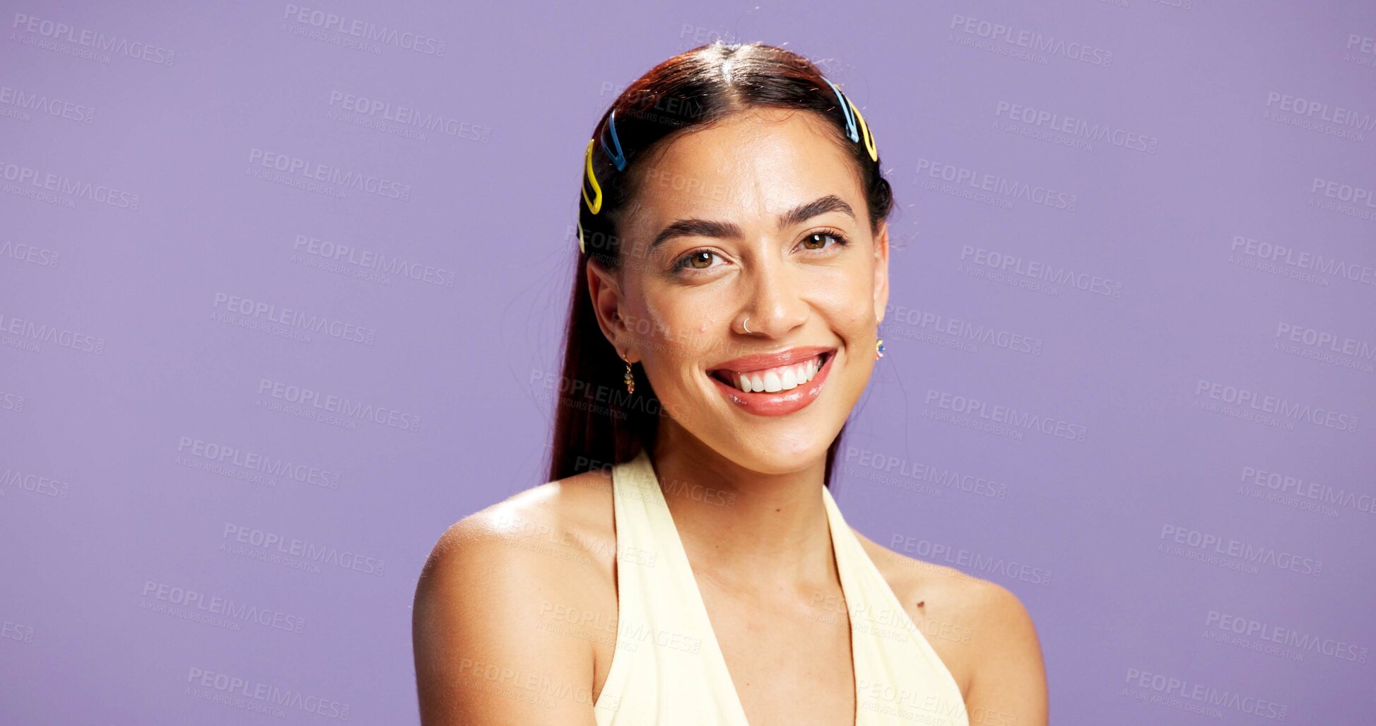 Buy stock photo Portrait, happy and woman with makeup in studio for beauty, natural shine and makeover. Mockup space, gen z and person with confident with cosmetology, facial glow and aesthetic on purple background