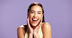 Beauty, girl and happy with skincare in studio for natural glow, healthy skin or face hydration. Mockup space, gen z person or portrait on purple background for collagen treatment results or wellness