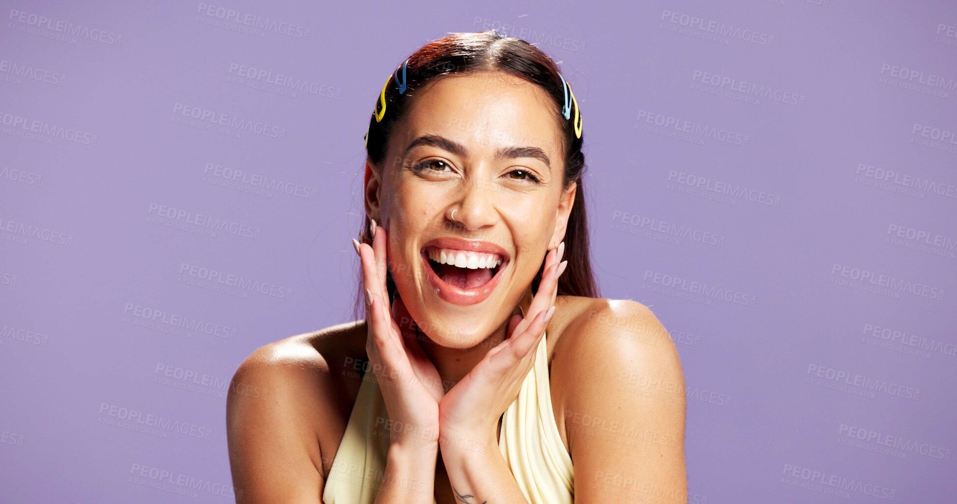 Buy stock photo Beauty, girl or happy with skincare in studio for natural glow, healthy skin or face hydration. Mockup space, gen z portrait or excited on purple background for collagen treatment results or wellness