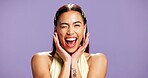 Portrait, excited and woman with beauty in studio for natural shine and makeover. Mockup space, gen z and person with silly expression for cosmetology, facial glow and aesthetic on purple background