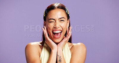Buy stock photo Portrait, excited and woman with beauty in studio for natural shine and makeover. Mockup space, gen z and person with silly expression for cosmetology, facial glow and aesthetic on purple background
