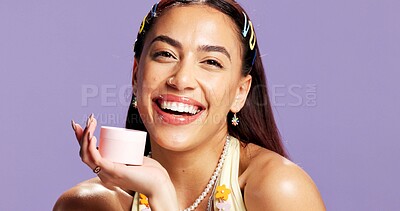 Buy stock photo Cream, skincare and portrait of woman in studio for cosmetics, hyaluronic acid hydration and self care products. Dermatology, vitamin c and treatment with person on purple background space for lotion
