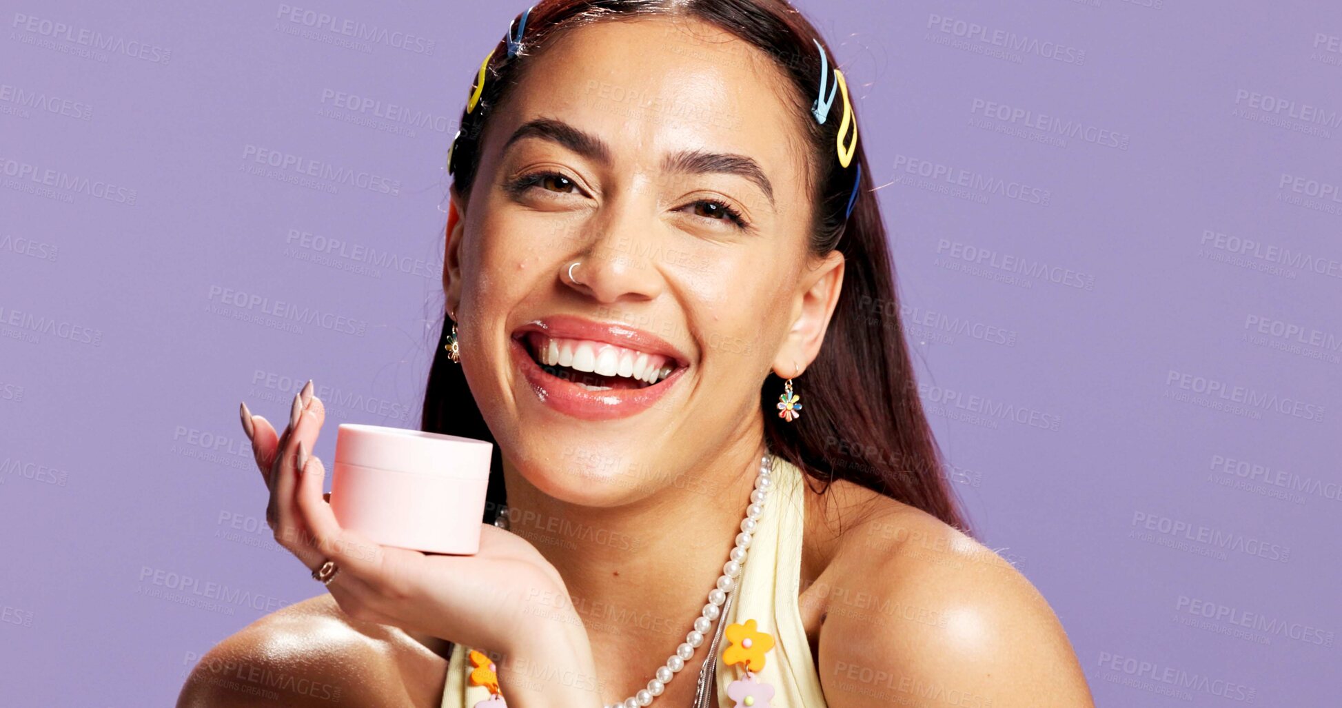 Buy stock photo Cream, skincare and portrait of woman in studio for cosmetics, hyaluronic acid hydration and self care products. Dermatology, vitamin c and treatment with person on purple background space for lotion