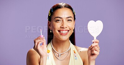 Buy stock photo Lipgloss, mirror and portrait of woman in studio for cosmetics, peptide treatment and beauty maintenance. Self care, glow and makeup product with person on purple background for shine and gen z