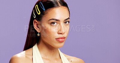 Buy stock photo Portrait, serious and woman for beauty in studio with makeup, natural shine and makeover. Mockup space, gen z and person with confidence of cosmetology, facial glow and aesthetic on purple background