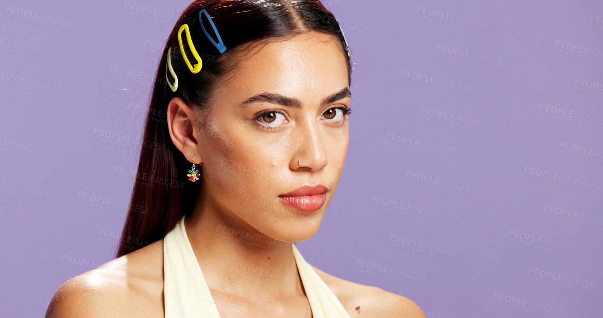 Buy stock photo Portrait, serious and woman for beauty in studio with makeup, natural shine and makeover. Mockup space, gen z and person with confidence of cosmetology, facial glow and aesthetic on purple background