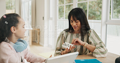 Buy stock photo Cards, education or math with mother and daughter in home living room for study questions. Learning, lesson or progress with girl child and single parent woman in apartment for school homework