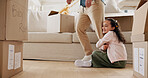 Play, lounge and kid hanging to leg, separation anxiety or dependance for adjustment comfort. Clingy behavior, connection or man with girl in new home for support,  attachment or safety in attention