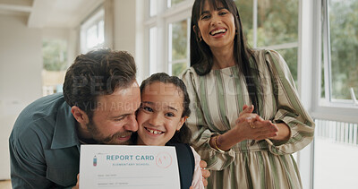 Buy stock photo Happy, school report and parents with child in home for score, good grades and exam results. Bonding, family and proud mom, dad and girl hug with card for education, learning success and support