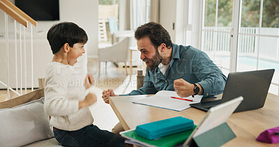 Buy stock photo Education, fist pump or success with father and son in home living room for celebration or study. Learning, motivation or technology with boy child and single parent man in apartment for homework